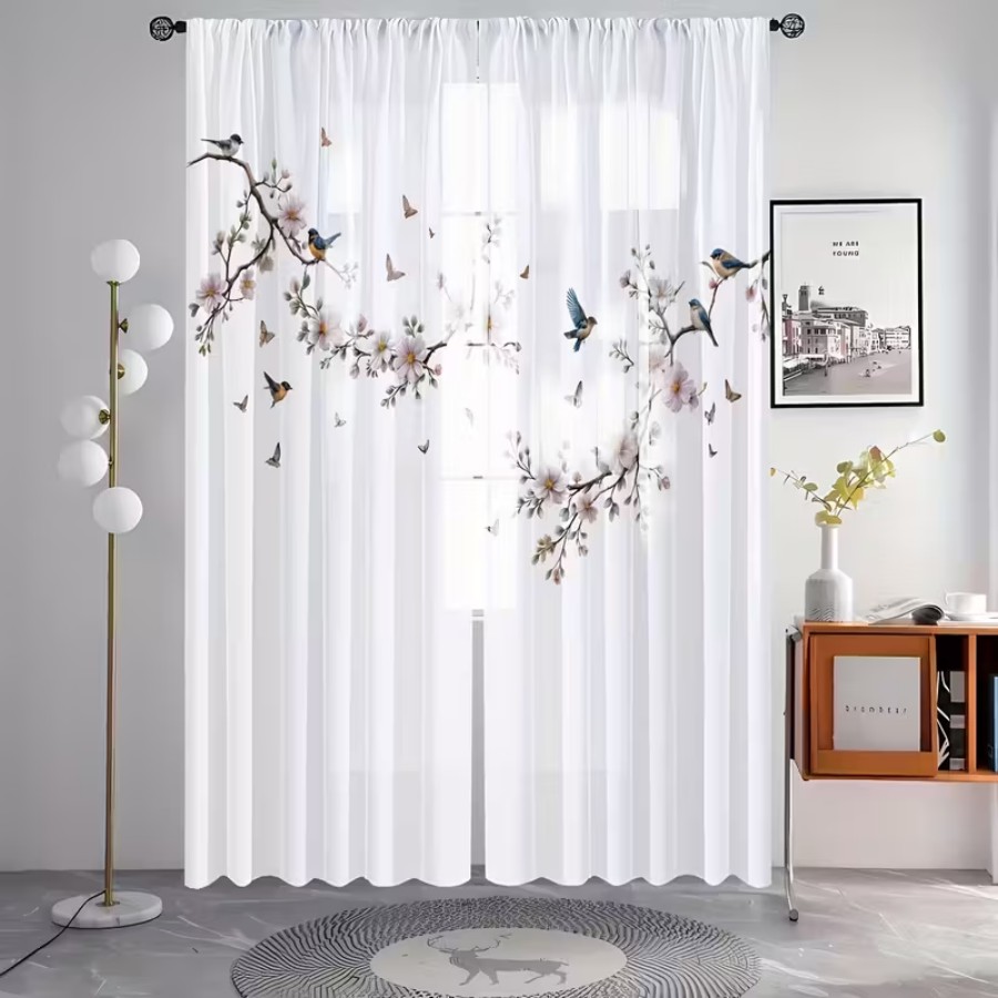 2PCS 디지털 프린트 시스루 커튼, 꽃 새 나비 자연 - Bonsai Garden Decor 리뷰 및 가격
